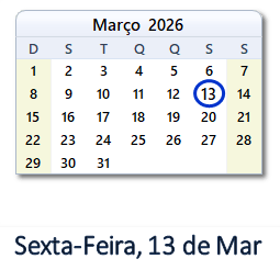 13 Março 2026 calendario