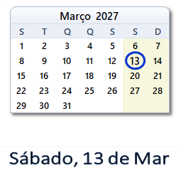 13 Março 2027 calendario