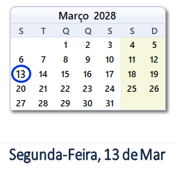 13 Março 2028 calendario