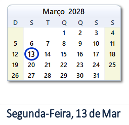 13 Março 2028 calendario