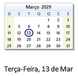 13 Março 2029 calendario