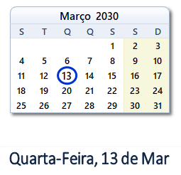 13 Março 2030 calendario