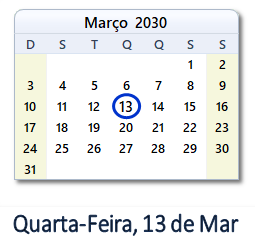 13 Março 2030 calendario