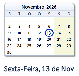 13 Novembro 2026 calendario