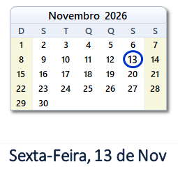 13 Novembro 2026 calendario