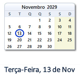 13 Novembro 2029 calendario