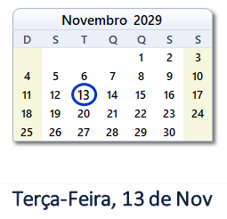 13 Novembro 2029 calendario