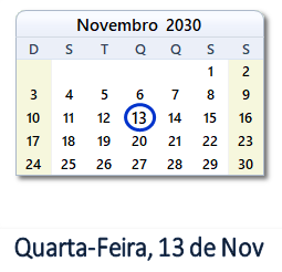 13 Novembro 2030 calendario
