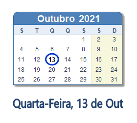 13 Outubro 2021 calendario