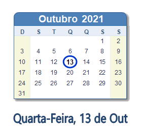 13 Outubro 2021 calendario