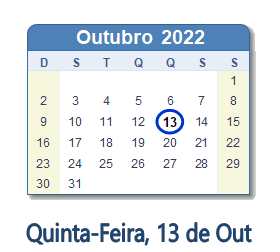 13 Outubro 2022 calendario