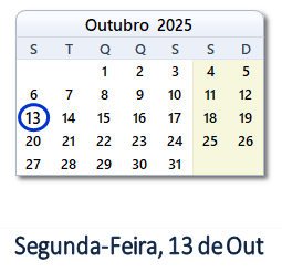 13 Outubro 2025 calendario