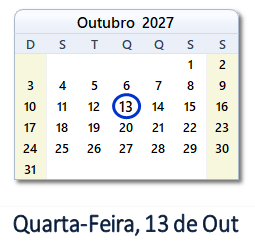 13 Outubro 2027 calendario