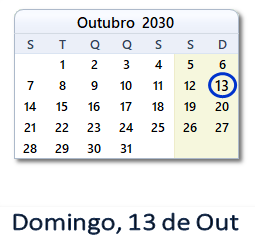 13 Outubro 2030 calendario