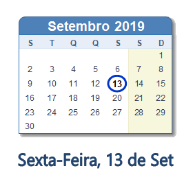 13 Setembro 2019 calendario