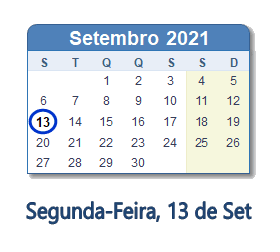 13 Setembro 2021 calendario