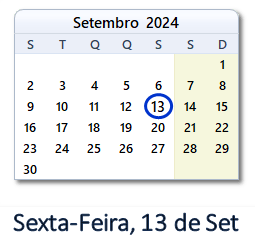 13 Setembro 2024 calendario