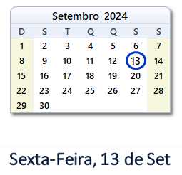 13 Setembro 2024 calendario