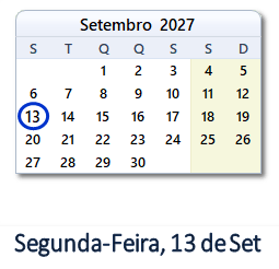 13 Setembro 2027 calendario
