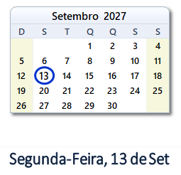 13 Setembro 2027 calendario