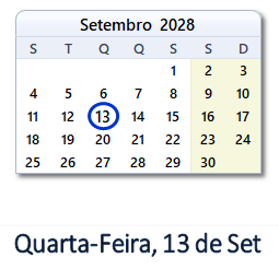 13 Setembro 2028 calendario