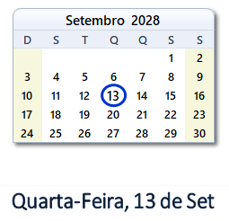 13 Setembro 2028 calendario