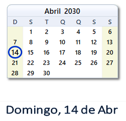 14 Abril 2030 calendario