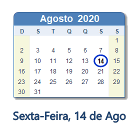14 Agosto 2020 calendario