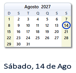14 Agosto 2027 calendario