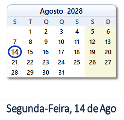 14 Agosto 2028 calendario