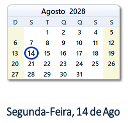 14 Agosto 2028 calendario