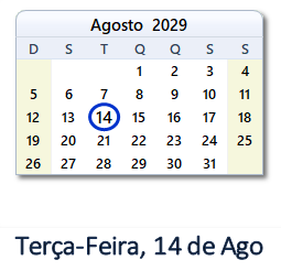 14 Agosto 2029 calendario