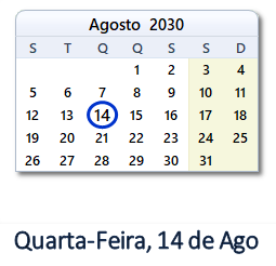 14 Agosto 2030 calendario