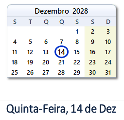14 Dezembro 2028 calendario