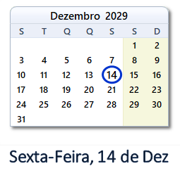 14 Dezembro 2029 calendario