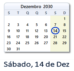 14 Dezembro 2030 calendario