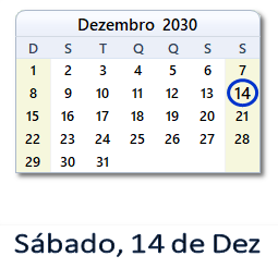 14 Dezembro 2030 calendario