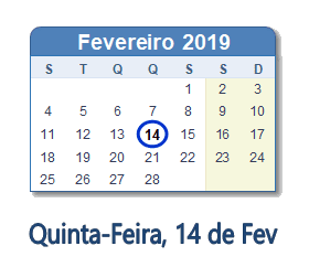 14 Fevereiro 2019 calendario