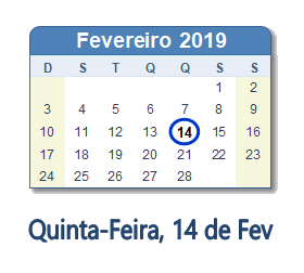 14 Fevereiro 2019 calendario