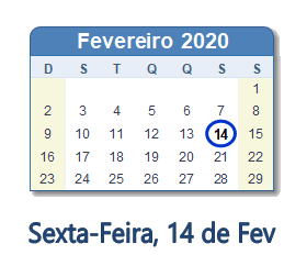 14 Fevereiro 2020 calendario