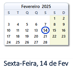 14 Fevereiro 2025 calendario