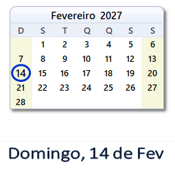 14 Fevereiro 2027 calendario