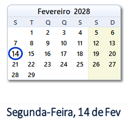 14 Fevereiro 2028 calendario