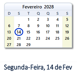 14 Fevereiro 2028 calendario
