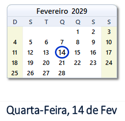 14 Fevereiro 2029 calendario
