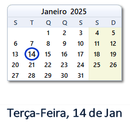 14 Janeiro 2025 calendario