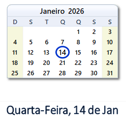 14 Janeiro 2026 calendario