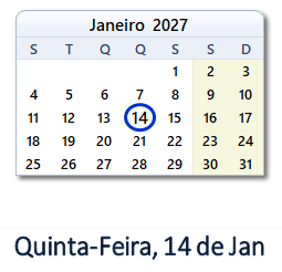 14 Janeiro 2027 calendario