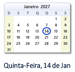 14 Janeiro 2027 calendario