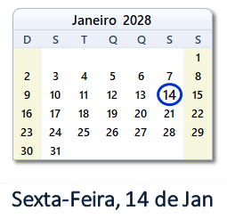 14 Janeiro 2028 calendario